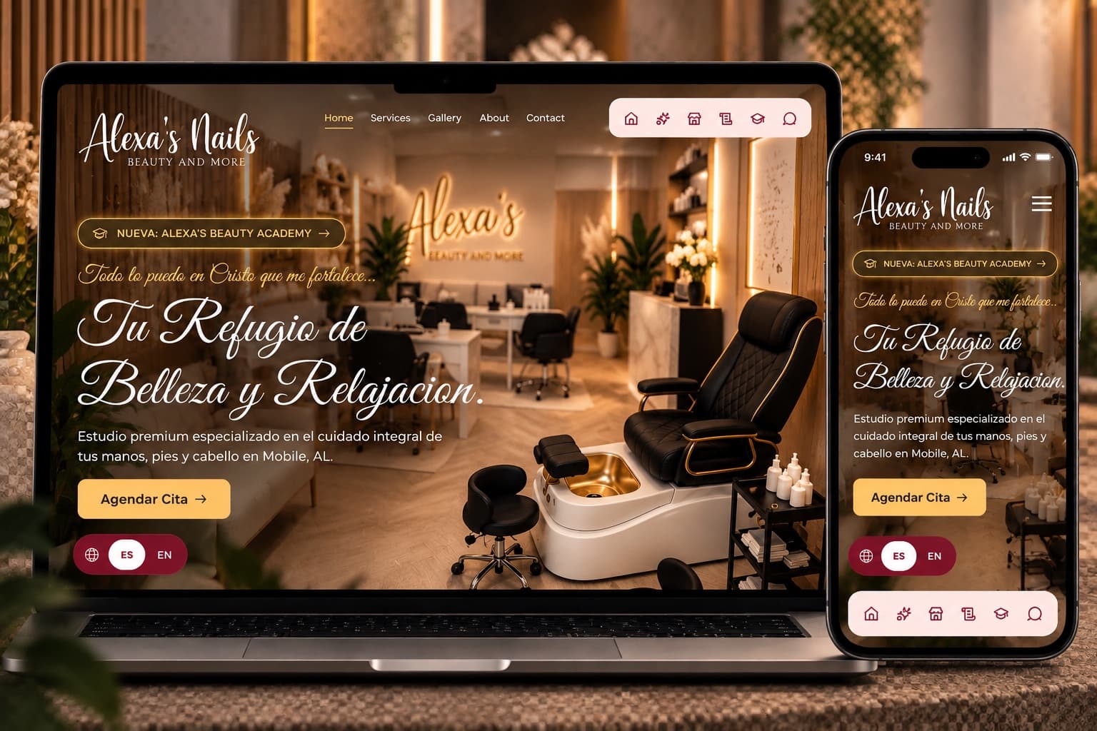 Sitio web de Alexa’s Nails en laptop y teléfono, con tonos dorados y botón para agendar cita