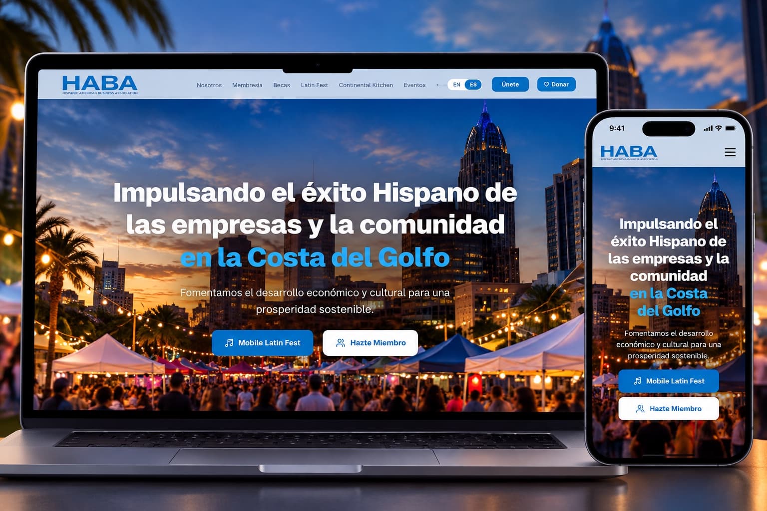 Sitio web de HABA en laptop y teléfono, con la ciudad de noche y un festival latino